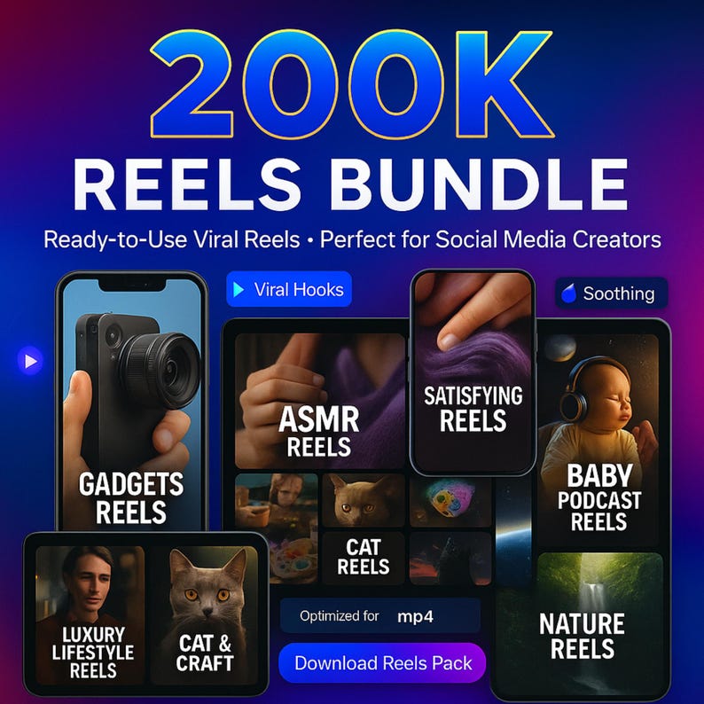 200K+ Viral Reels Bundle | Instagram TikTok Shorts Pack | Faceless Travel, ASMR, Gadgets, AI Animals, Luxury Lifestyle, Nature Clips